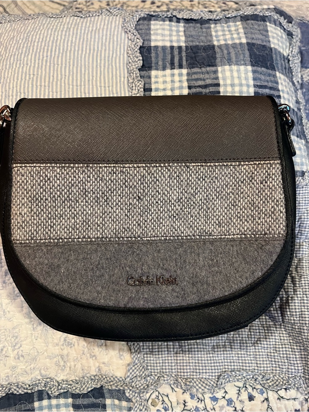 Calvin Klein Black and Gray Textured Crossbody Saddle Bag